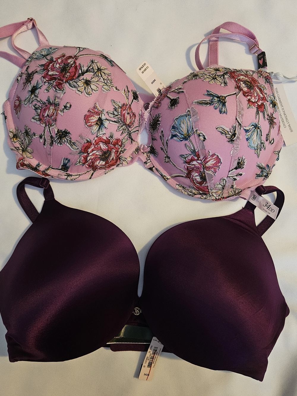 Victoria's Secret Floral Pink Underwire Bra & Plum Smooth Push-Up Bra Set
